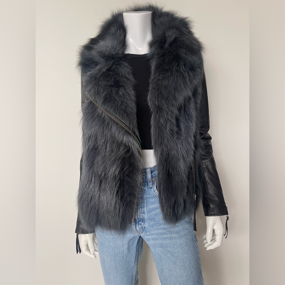 SAM Liza Fox Fur & Leather Moto Jacket In Charcoal